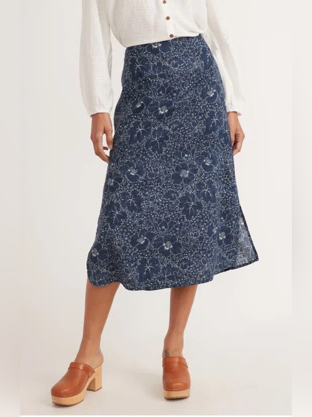 Marine Layer Ryan Slip Midi Skirt In Vintage Indigo Floral Hemp Size 6 *936
